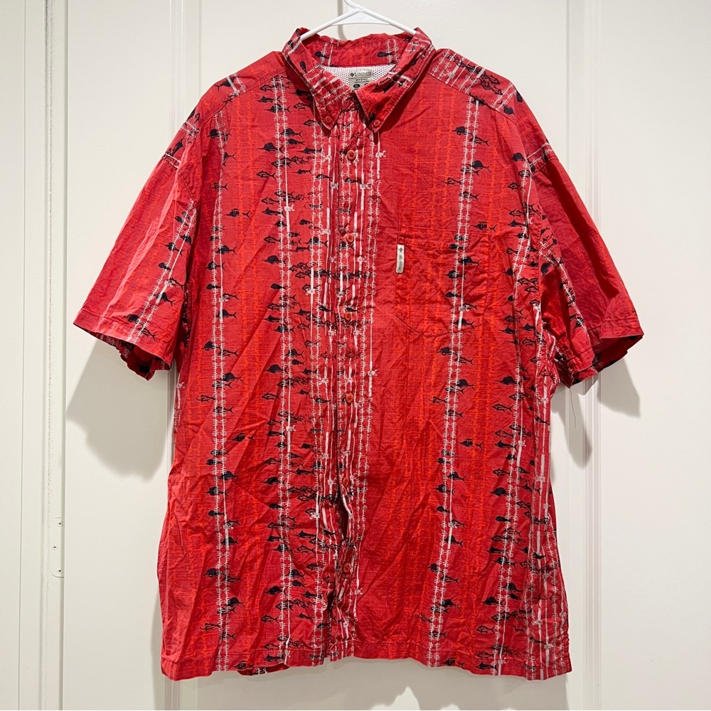 Columbia Mens PFG Shirt XL Red AOP Fish Print Short Sleeve Button-Up Performance